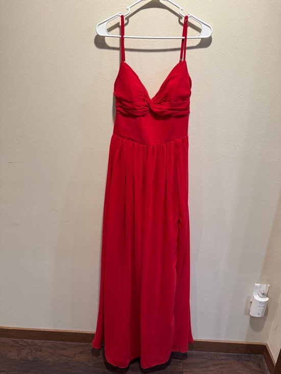 Unaltered Azazie Zeya A14 in Scarlet Spaghetti Strap Bridesmaid Maxi Dress - Picture 2 of 16